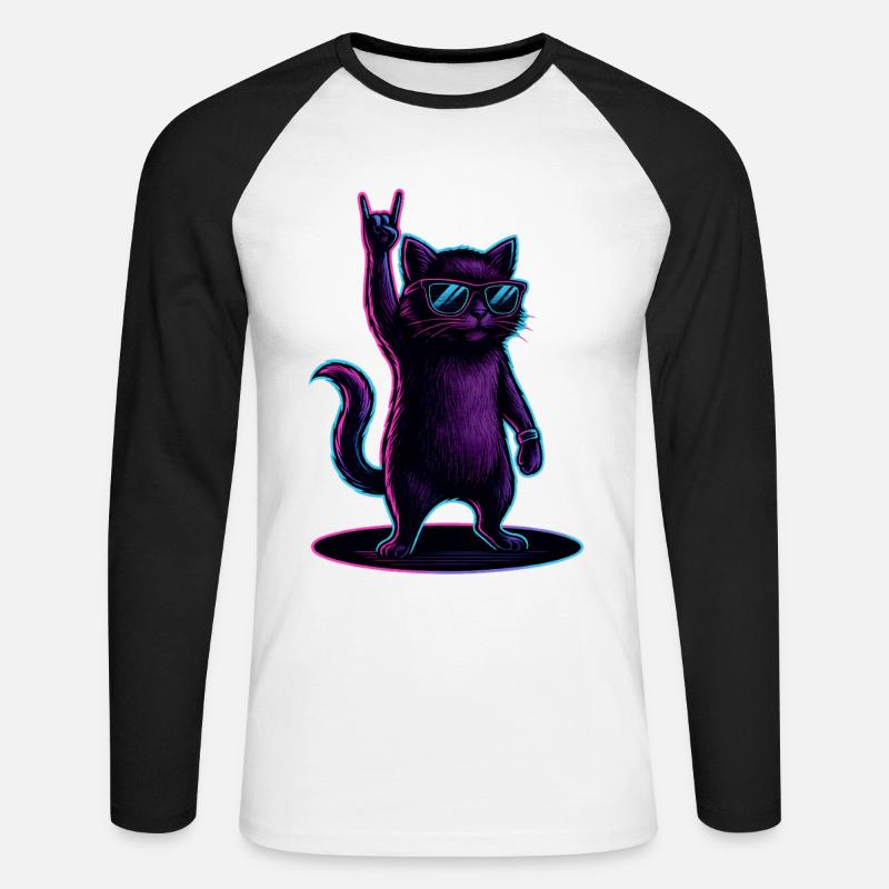 Synthwave Kater Katze mit Rockhand Pose - Unisex Baseballshirt langarm - Weiß/Schwarz