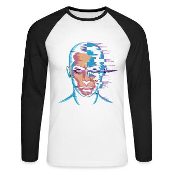 Glitch Portrait im digitalen Kunststil - Unisex Baseballshirt langarm - Weiß/Schwarz - Vorne - Nik (191cm)