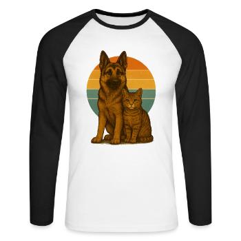 Deutscher Schäferhund und Katze - Unisex Baseballshirt langarm - Weiß/Schwarz - Vorne - Nik (191cm)