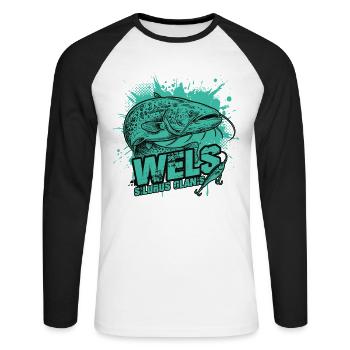 Wels / Waller – Der Gigant der Tiefe - Unisex Baseballshirt langarm - Weiß/Schwarz - Vorne - Nik (191cm)