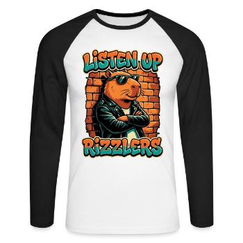 Écoutez bien la capybara de Rizzler - T-shirt baseball manches longues Homme - blanc/noir - Devant - Nik (191cm)