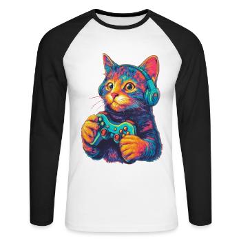 Joueur de chat drôle - T-shirt baseball manches longues Homme - blanc/noir - Devant - Nik (191cm)