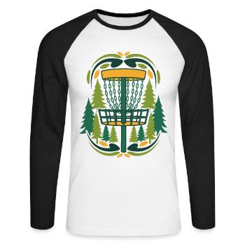Scène du disque volant du panier de Disc Golf dans la forêt - T-shirt baseball manches longues Homme - blanc/noir - Devant - Nik (191cm)
