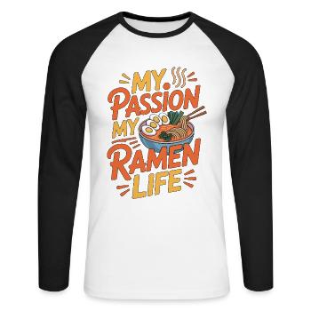 Ramen Ma passion Ma vie de Ramen J’adore la cuisine japonaise - T-shirt baseball manches longues Homme - blanc/noir - Devant - Nik (191cm)