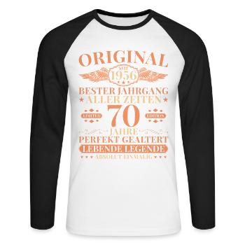 1956 Vintage Born Legend 70th Birthday - Unisex Long Sleeve Baseball T-Shirt - white/black - Front - Nik (191cm)