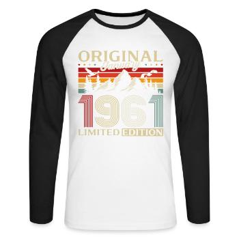 65e anniversaire Original janvier 1961 - T-shirt baseball manches longues Homme - blanc/noir - Devant - Nik (191cm)