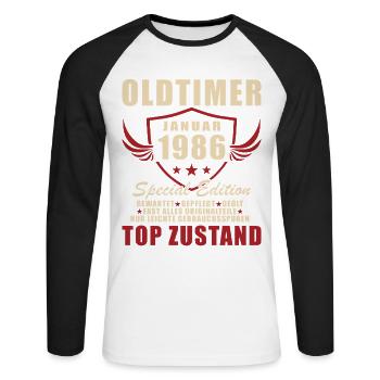 Cadeau pour le 40e anniversaire Voiture classique janvier 1986 - T-shirt baseball manches longues Homme - blanc/noir - Devant - Nik (191cm)