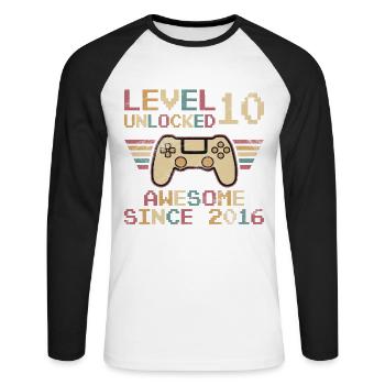 Level 10 Unlocked Gamer 10 Birthday Gift - Unisex Long Sleeve Baseball T-Shirt - white/black - Front - Nik (191cm)