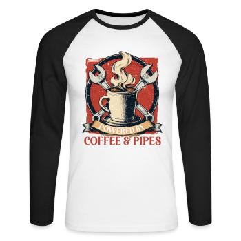 Rohrleger Powered By Coffee & Pipes - Unisex Baseballshirt langarm - Weiß/Schwarz - Vorne - Nik (191cm)