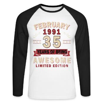 Februar 1991 - Geschenk Februar 1991 - Unisex Baseballshirt langarm - Weiß/Schwarz - Vorne - Nik (191cm)