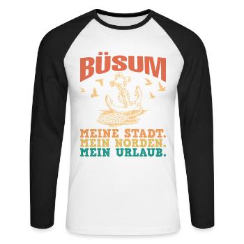 Büsumer BÜSUM MEINE STADT MEIN NORDEN Lustig - Unisex Baseballshirt langarm - Weiß/Schwarz - Vorne - Nik (191cm)