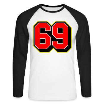 Fettgedruckte 69 Sporttrikotnummer - Unisex Baseballshirt langarm - Weiß/Schwarz - Vorne - Nik (191cm)