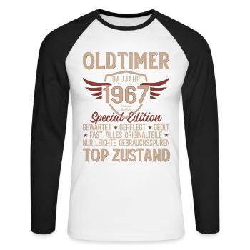 59. Geburtstag Shirt – Oldtimer 1967 Vintage Retro - Unisex Baseballshirt langarm - Weiß/Schwarz - Vorne - Nik (191cm)