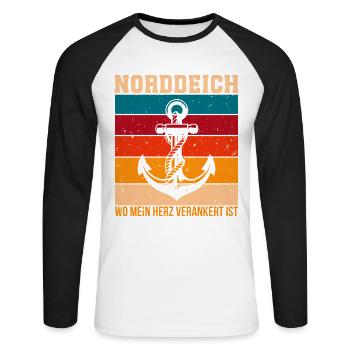 NORDDEICH WO MEIN HERZ VERANKERT IST Lustig - Unisex Baseballshirt langarm - Weiß/Schwarz - Vorne - Nik (191cm)