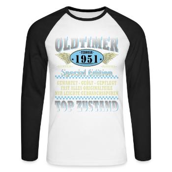 Voiture ancienne construite en 1951 Born Vintage Birthday - T-shirt baseball manches longues Homme - blanc/noir - Devant - Nik (191cm)