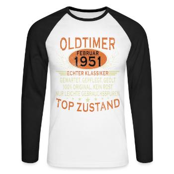 Voiture ancienne construite en 1951 Born Vintage Birthday - T-shirt baseball manches longues Homme - blanc/noir - Devant - Nik (191cm)