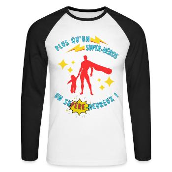 Plus qu’un super-héros, un supère-heureux - T-shirt baseball manches longues Homme - blanc/noir - Devant - Nik (191cm)