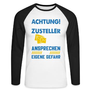 Facteur ATTENTION LIVREUR SURMENÉ - T-shirt baseball manches longues Homme - blanc/noir - Devant - Nik (191cm)