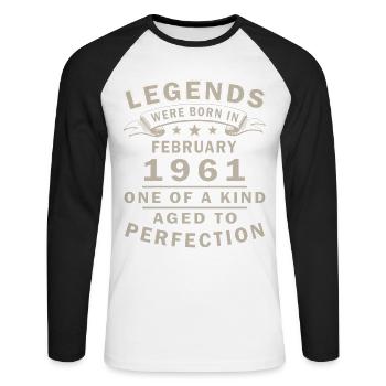 Anniversaire février 1961 Cadeau rétro - T-shirt baseball manches longues Homme - blanc/noir - Devant - Nik (191cm)