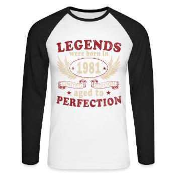 Geburtsjahr 1981 Vintage Geburtstag Legende 1981 - Unisex Baseballshirt langarm - Weiß/Schwarz - Vorne - Nik (191cm)