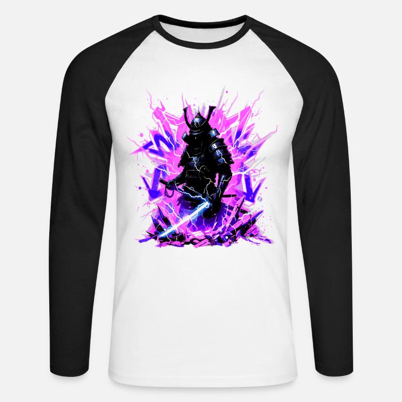 Cyber Samurai – Synthwave Katana Geist - Unisex Baseballshirt langarm - Weiß/Schwarz