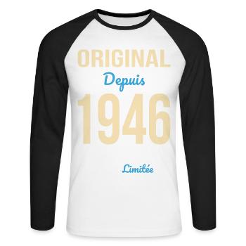 Original seit 1946 – 80-jähriges Jubiläum - Unisex Baseballshirt langarm - Weiß/Schwarz - Vorne - Nik (191cm)