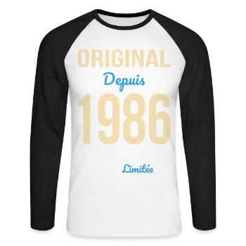 Original depuis 1986 – Anniversaire 40 ans - T-shirt baseball manches longues Homme - blanc/noir - Devant - Nik (191cm)