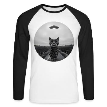 Funny UFO Space Cat Alien Design - Unisex Long Sleeve Baseball T-Shirt - white/black - Front - Nik (191cm)