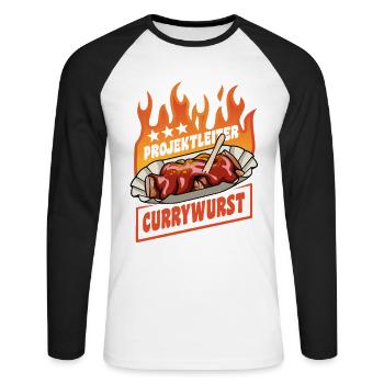 Project Manager Currywurst | Fast Food | Flames - Unisex Long Sleeve Baseball T-Shirt - white/black - Front - Nik (191cm)