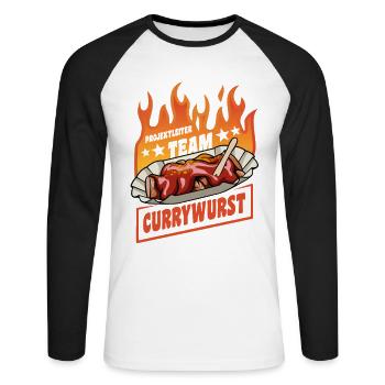 Project Manager Team Currywurst | Fast Food Flames - Unisex Long Sleeve Baseball T-Shirt - white/black - Front - Nik (191cm)