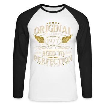 Cadeau d’anniversaire Born Vintage 1977 - T-shirt baseball manches longues Homme - blanc/noir - Devant - Nik (191cm)