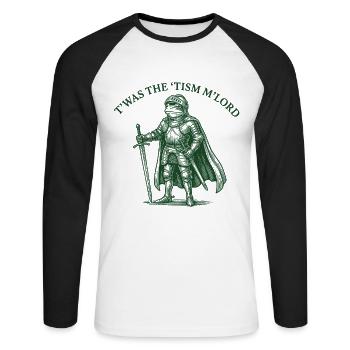 T'WAS THE 'TISM M'LORD – Stolzer Ritter-Frosch - Unisex Baseballshirt langarm - Weiß/Schwarz - Vorne - Nik (191cm)