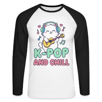 K-Pop AND CHILL Niedliche koreanische Musik-Anime-Katze - Unisex Baseballshirt langarm - Weiß/Schwarz - Vorne - Nik (191cm)