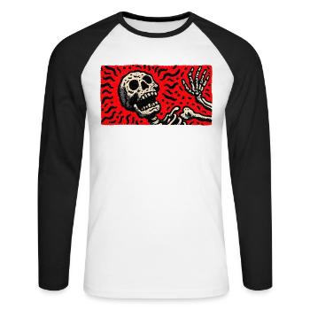 Squelette en imprimé rétro rouge sang - T-shirt baseball manches longues Homme - blanc/noir - Devant - Nik (191cm)