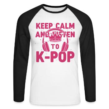 Restez calme et écoutez la musique coréenne K-Pop - T-shirt baseball manches longues Homme - blanc/noir - Devant - Nik (191cm)