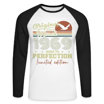 Anniversaire Mars 1969 - T-shirt baseball manches longues Homme - blanc/noir - Devant - Nik (191cm)