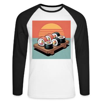 Sushi - Unisex Baseballshirt langarm - Weiß/Schwarz - Vorne - Nik (191cm)