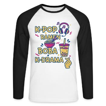 K-Pop Ramen Boba K Drama Korean Music Kpop Fans - Unisex Long Sleeve Baseball T-Shirt - white/black - Front - Nik (191cm)