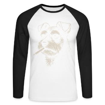 Portrait de chien de Schnauzer avec une cigarette - T-shirt baseball manches longues Homme - blanc/noir - Devant - Nik (191cm)
