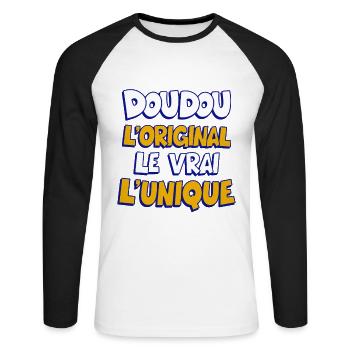 Doudou l’original le vrai l’unique Humour tendre - T-shirt baseball manches longues Homme - blanc/noir - Devant - Nik (191cm)