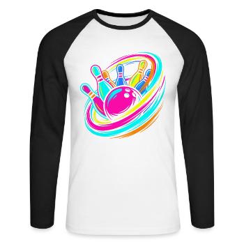 Bowlingkugel und Pins Strike - Unisex Baseballshirt langarm - Weiß/Schwarz - Vorne - Nik (191cm)