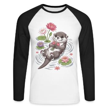 T-shirt Loutre avec des nénuphars – Motif animal mignon - T-shirt baseball manches longues Homme - blanc/noir - Devant - Nik (191cm)