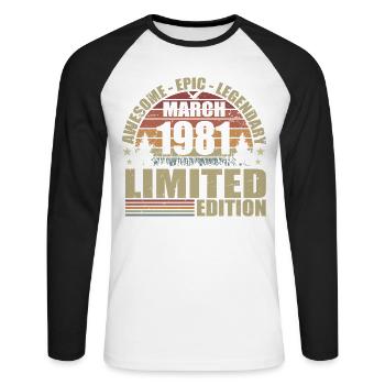 Millésime Mars 1981 Anniversaire - mars 1981 - T-shirt baseball manches longues Homme - blanc/noir - Devant - Nik (191cm)