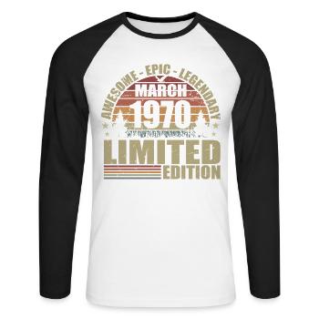 Millésime Mars 1970 Anniversaire - mars 1970 - T-shirt baseball manches longues Homme - blanc/noir - Devant - Nik (191cm)
