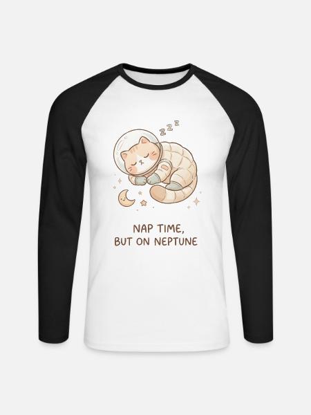 Nap Neptune | Chat de l’espace mignon - T-shirt baseball manches longues Homme - blanc/noir