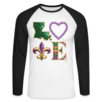 Mardi Gras Louisiana T-Shirt – Fleur de Lis, Heart - Unisex Long Sleeve Baseball T-Shirt - white/black - Front - Nik (191cm)