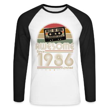 Cadeau pour 40 ans Vintage 1986 Rétro - T-shirt baseball manches longues Homme - blanc/noir - Devant - Nik (191cm)