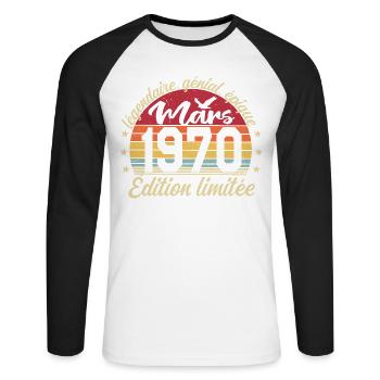 Mars 1970 56 ans Cadeau Anniversaire Mars 1970 - T-shirt baseball manches longues Homme - blanc/noir - Devant - Nik (191cm)