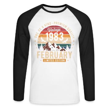 Februar 1983 Vintage-Geburtstag Februar 1983 - Unisex Baseballshirt langarm - Weiß/Schwarz - Vorne - Nik (191cm)