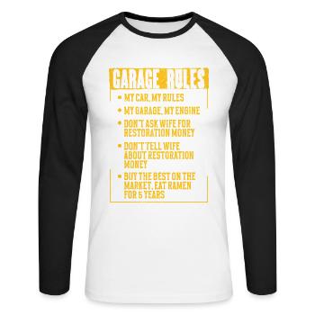 Car Restoration Garage Rules - Unisex Long Sleeve Baseball T-Shirt - white/black - Front - Nik (191cm)
